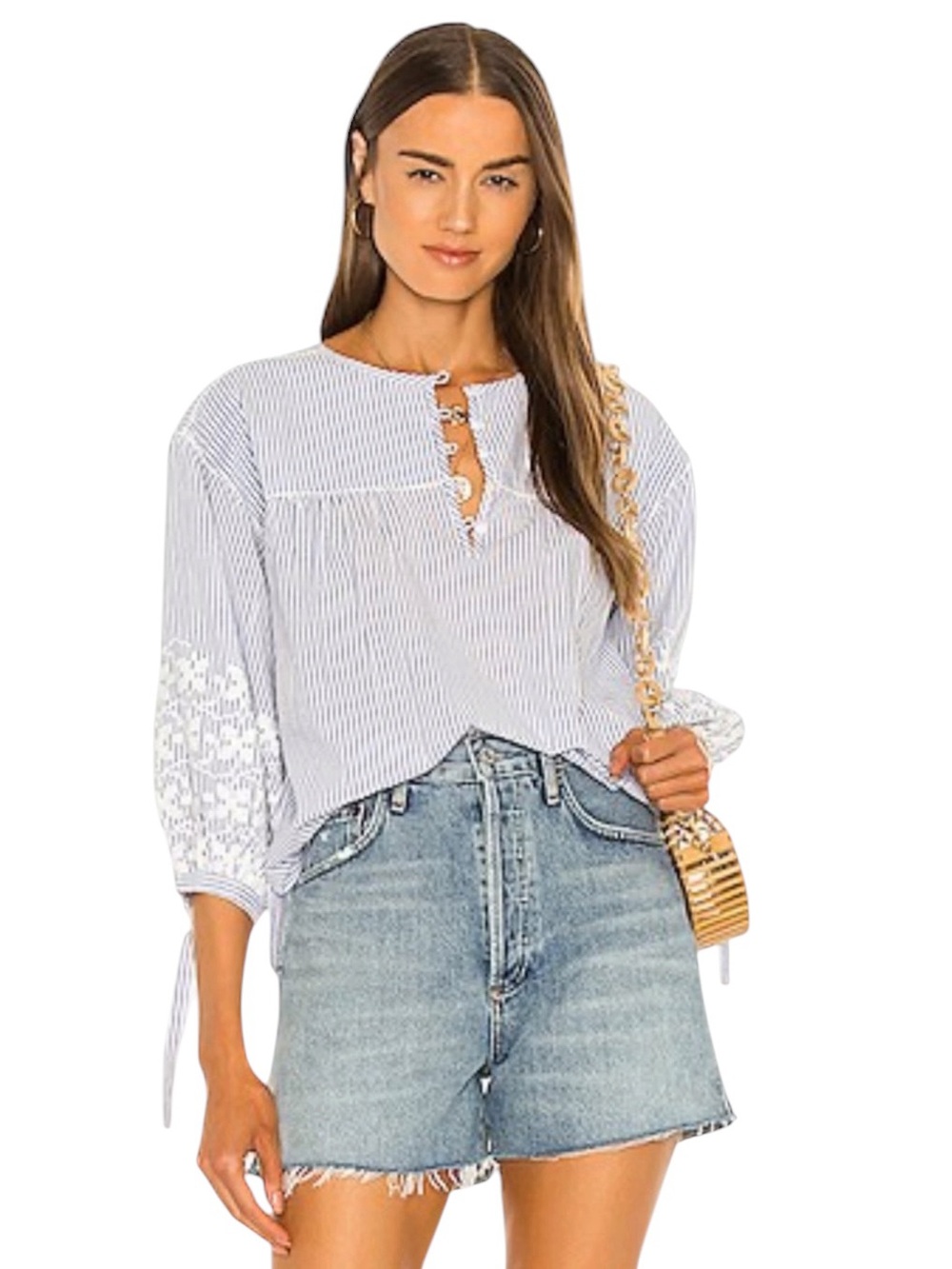 Cleobella Camber Blouse Boho Striped Lace Eyelet Embroidered Cottagecore Top XS